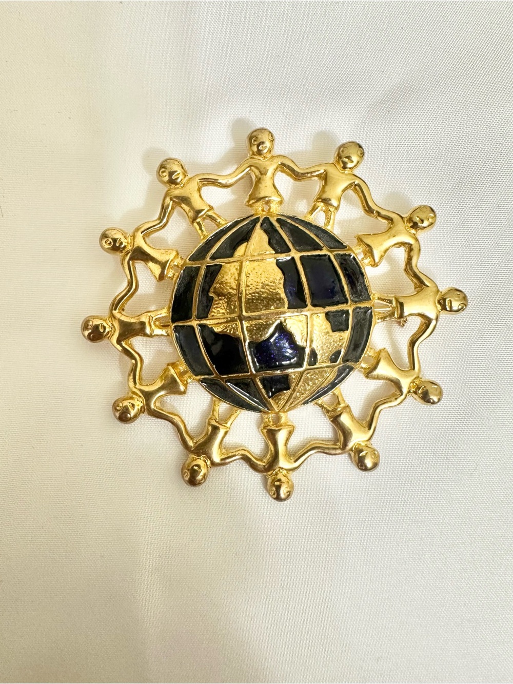 Vintage Gold Plated Gold and Navy Globe World Unity Brooch